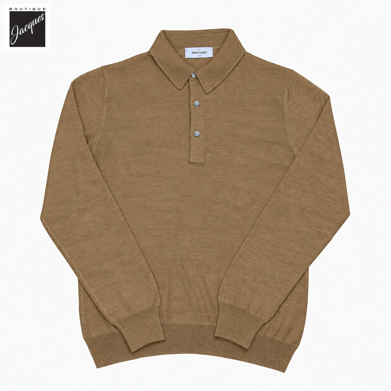 Polo à manches longues en tricot de laine et soie ultrafine marron caramel - GRAN SASSO