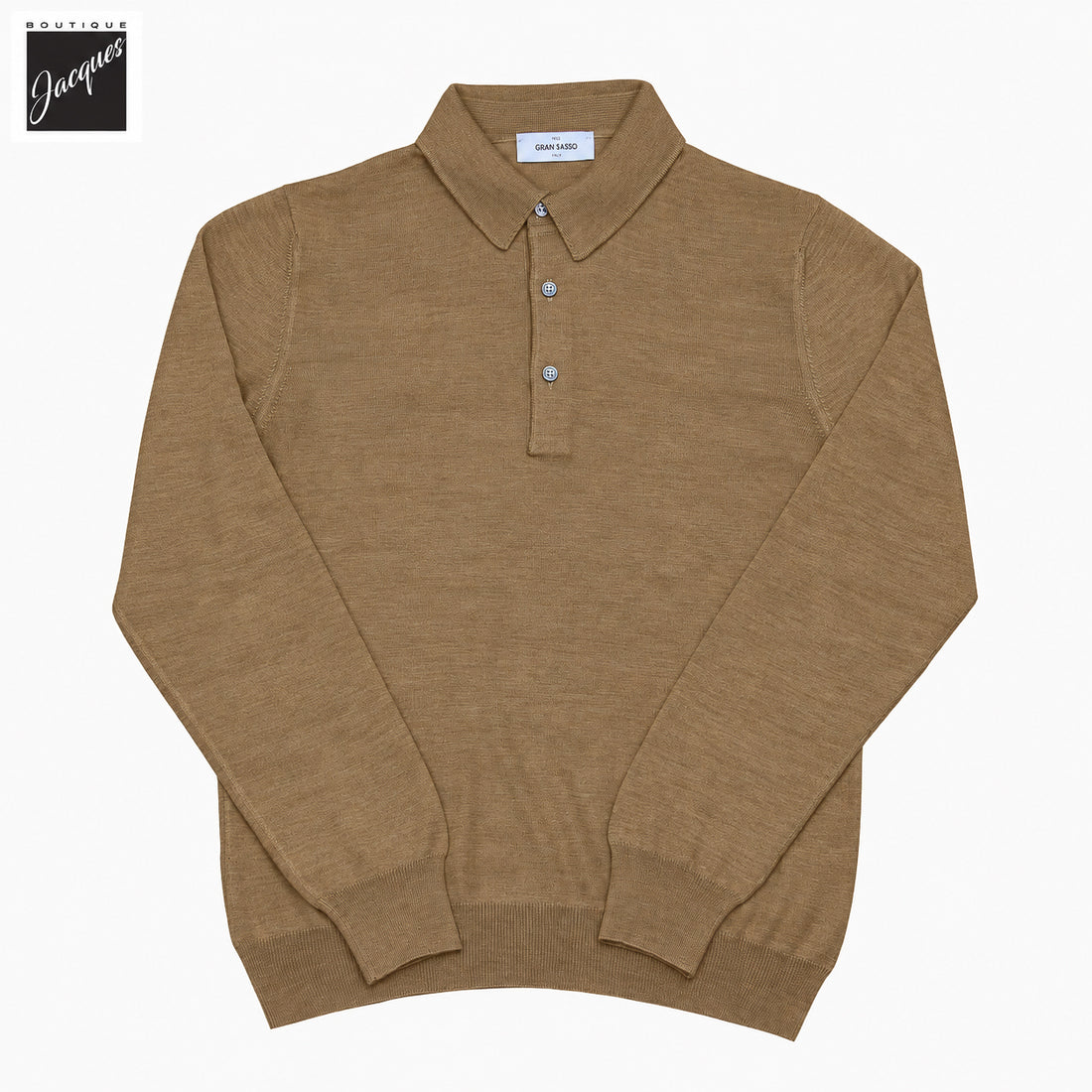 Polo à manches longues en tricot de laine et soie ultrafine marron caramel - GRAN SASSO