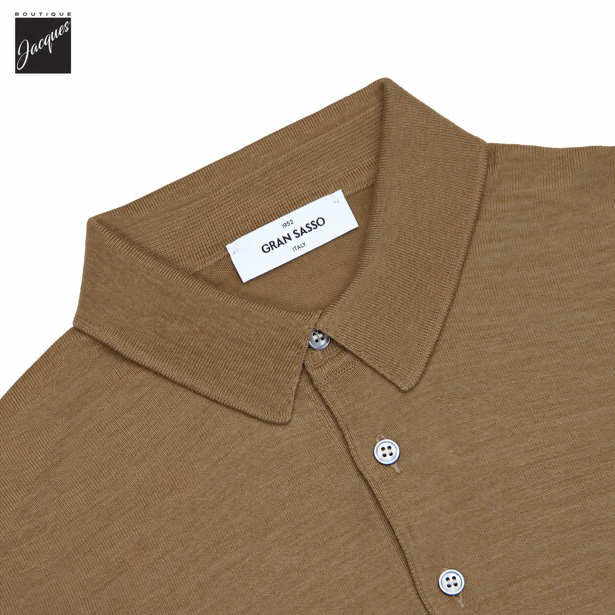 Polo à manches longues en tricot de laine et soie ultrafine marron caramel - GRAN SASSO