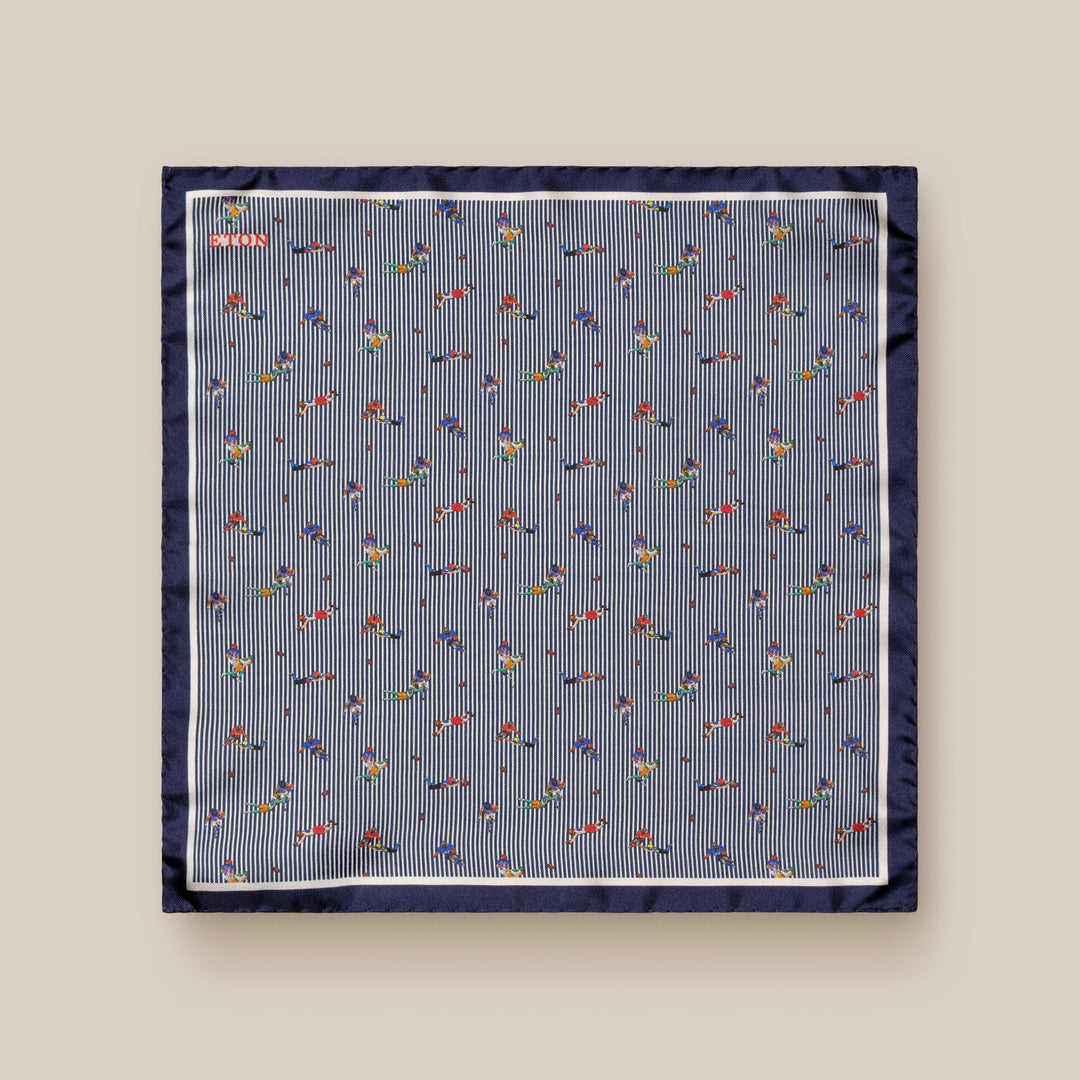 Navy Blue Striped American Football Motif Silk Pocket Square - ETON