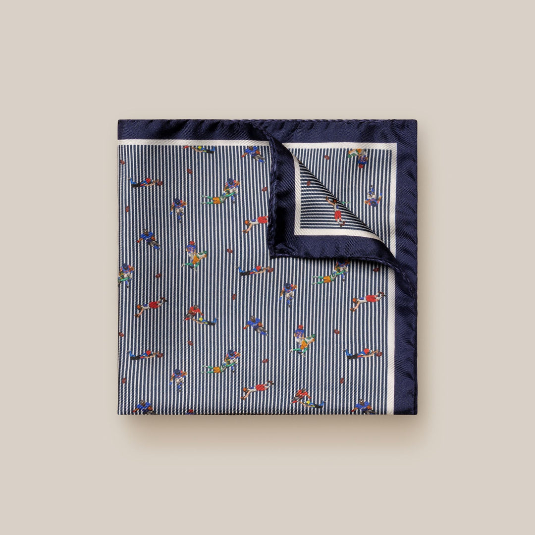 Navy Blue Striped American Football Motif Silk Pocket Square - ETON