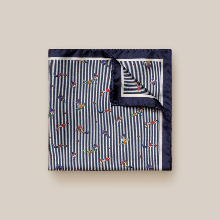 Navy Blue Striped American Football Motif Silk Pocket Square - ETON