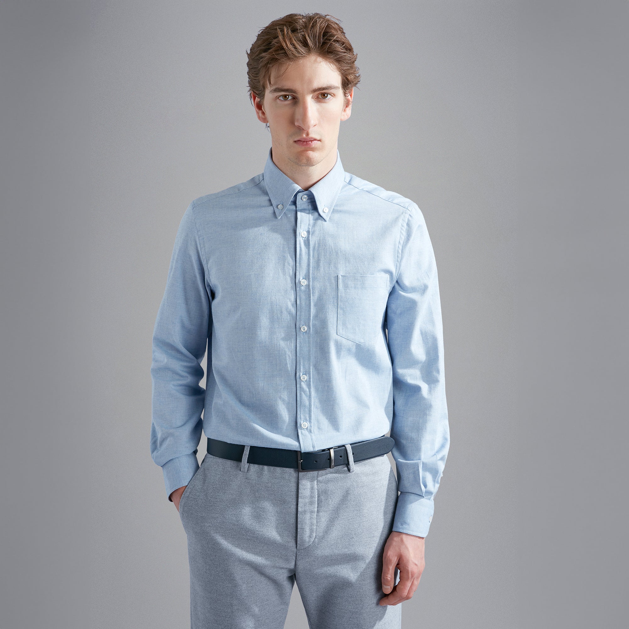 Light Blue Flannel Cotton Button-Down Shirt W/ Contrast Trim - Paul & Shark