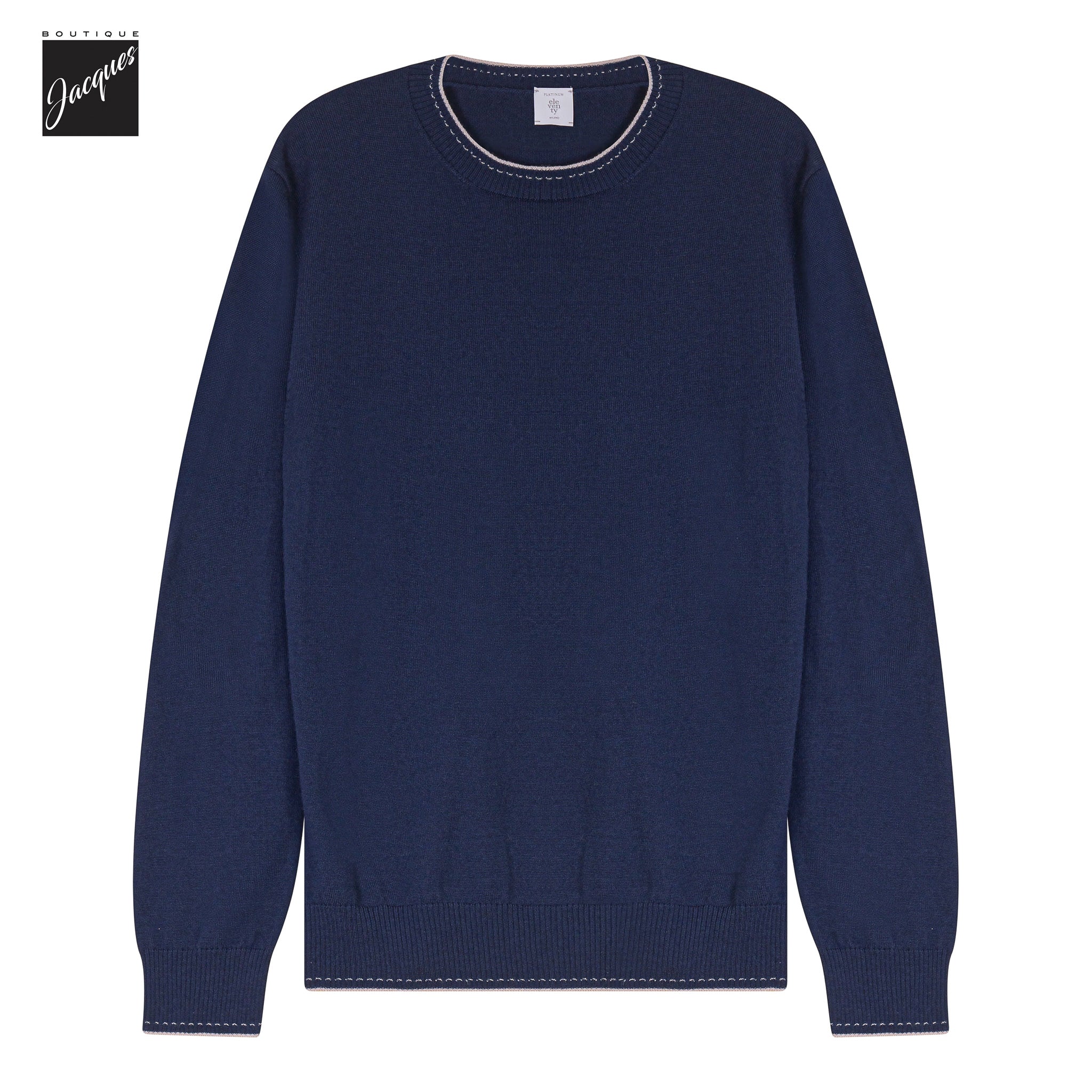 Navy Blue Wool Crewneck Sweater with Sand Stitch Trims - ELEVENTY PLATINUM