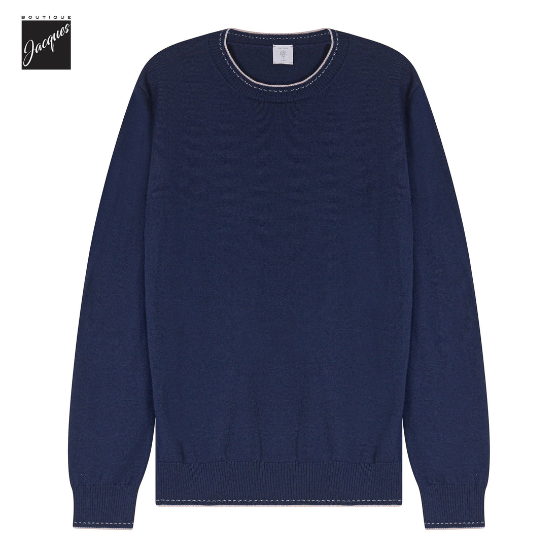 Navy Blue Wool Crewneck Sweater with Sand Stitch Trims - ELEVENTY PLATINUM