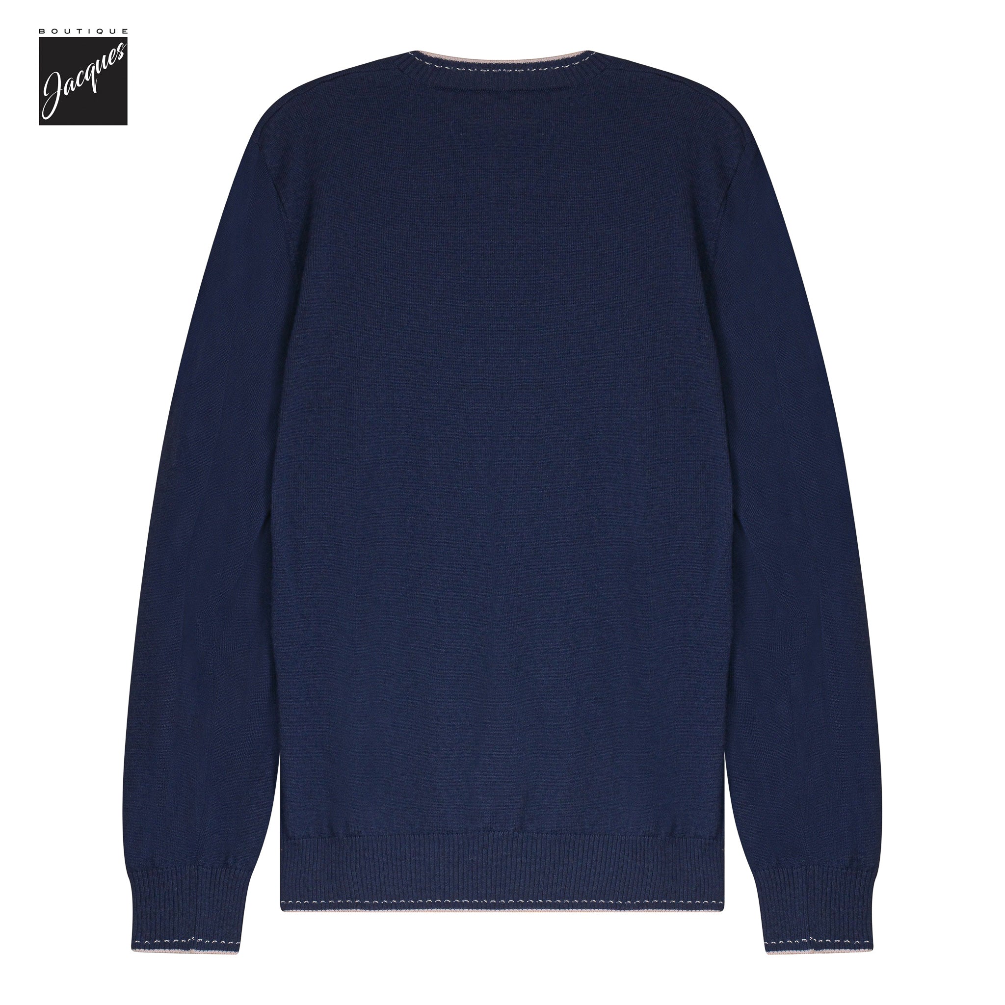 Navy Blue Wool Crewneck Sweater with Sand Stitch Trims - ELEVENTY PLATINUM