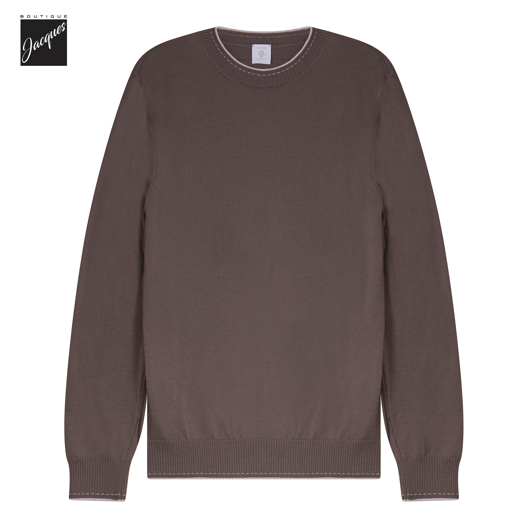 Brown Wool Crewneck Sweater with Sand Stitch Trims - ELEVENTY PLATINUM