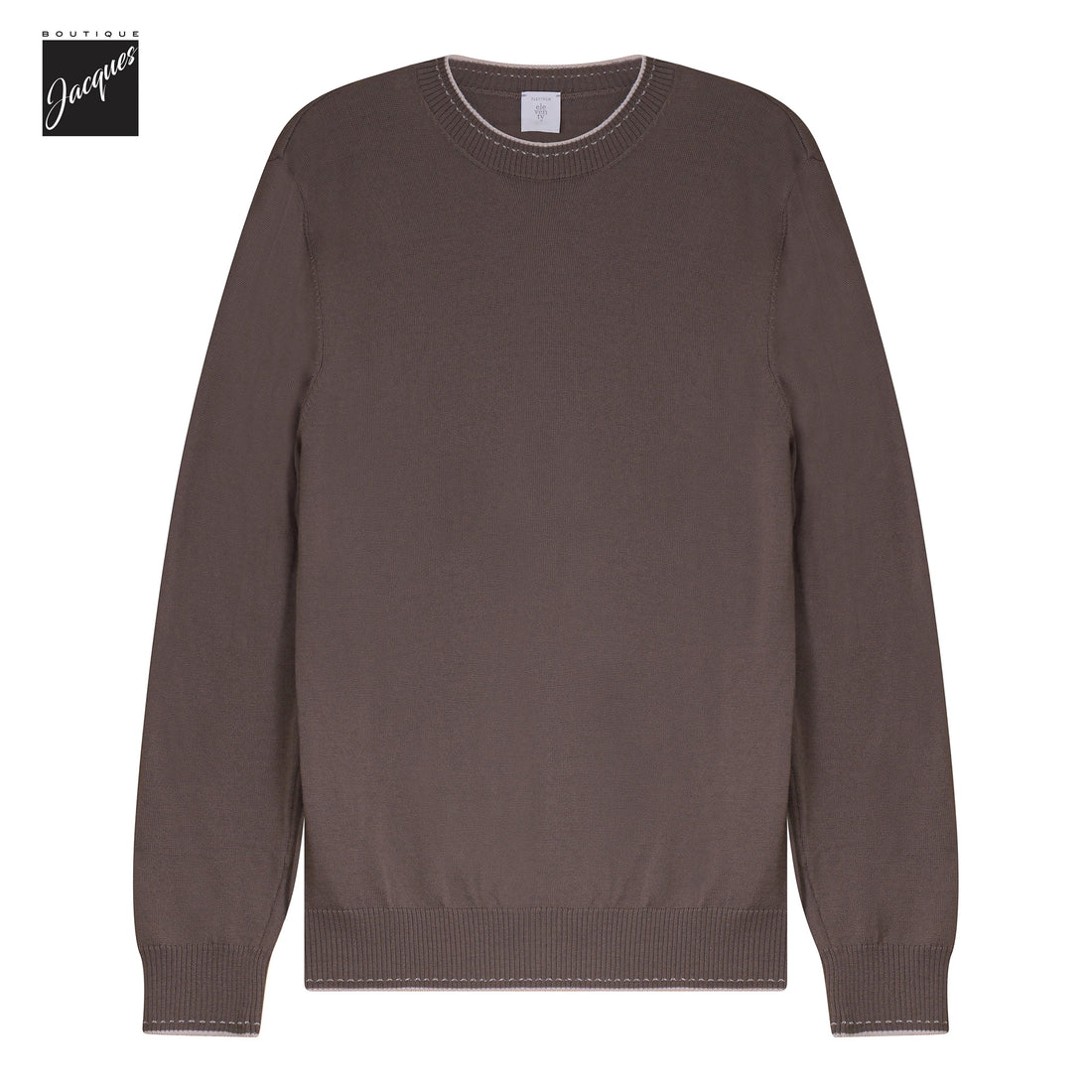 Brown Wool Crewneck Sweater with Sand Stitch Trims - ELEVENTY PLATINUM