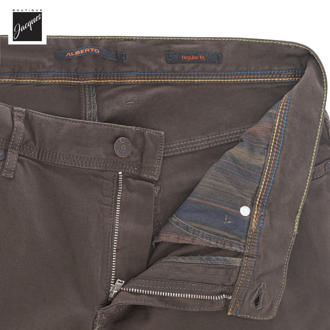 Dark Brown Pipe Regular Fit Cotton Twill Five Pocket Pants - ALBERTO