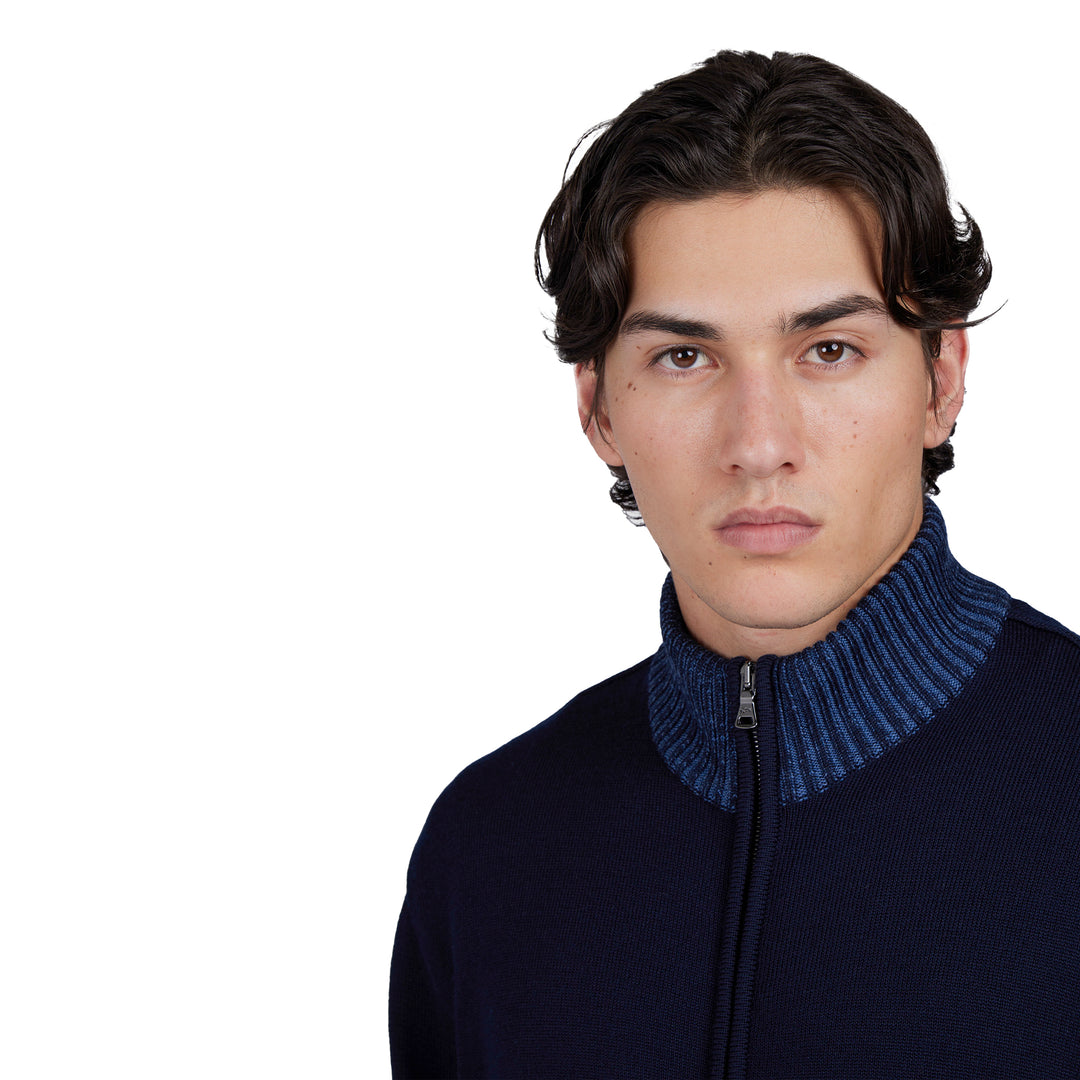 Navy Blue Soft Cool-Touch Wool Full Zip Sweater - PAUL & SHARK