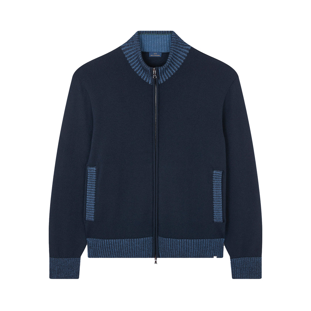 Navy Blue Soft Cool-Touch Wool Full Zip Sweater - PAUL & SHARK
