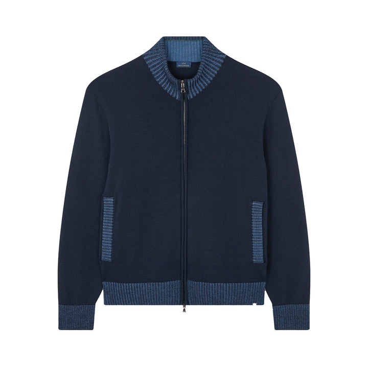 Navy Blue Soft Cool-Touch Wool Full Zip Sweater - PAUL & SHARK