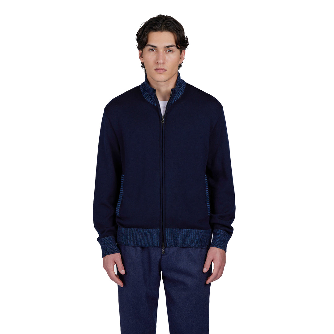Navy Blue Soft Cool-Touch Wool Full Zip Sweater - PAUL & SHARK