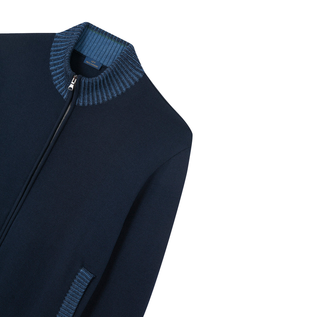 Navy Blue Soft Cool-Touch Wool Full Zip Sweater - PAUL & SHARK