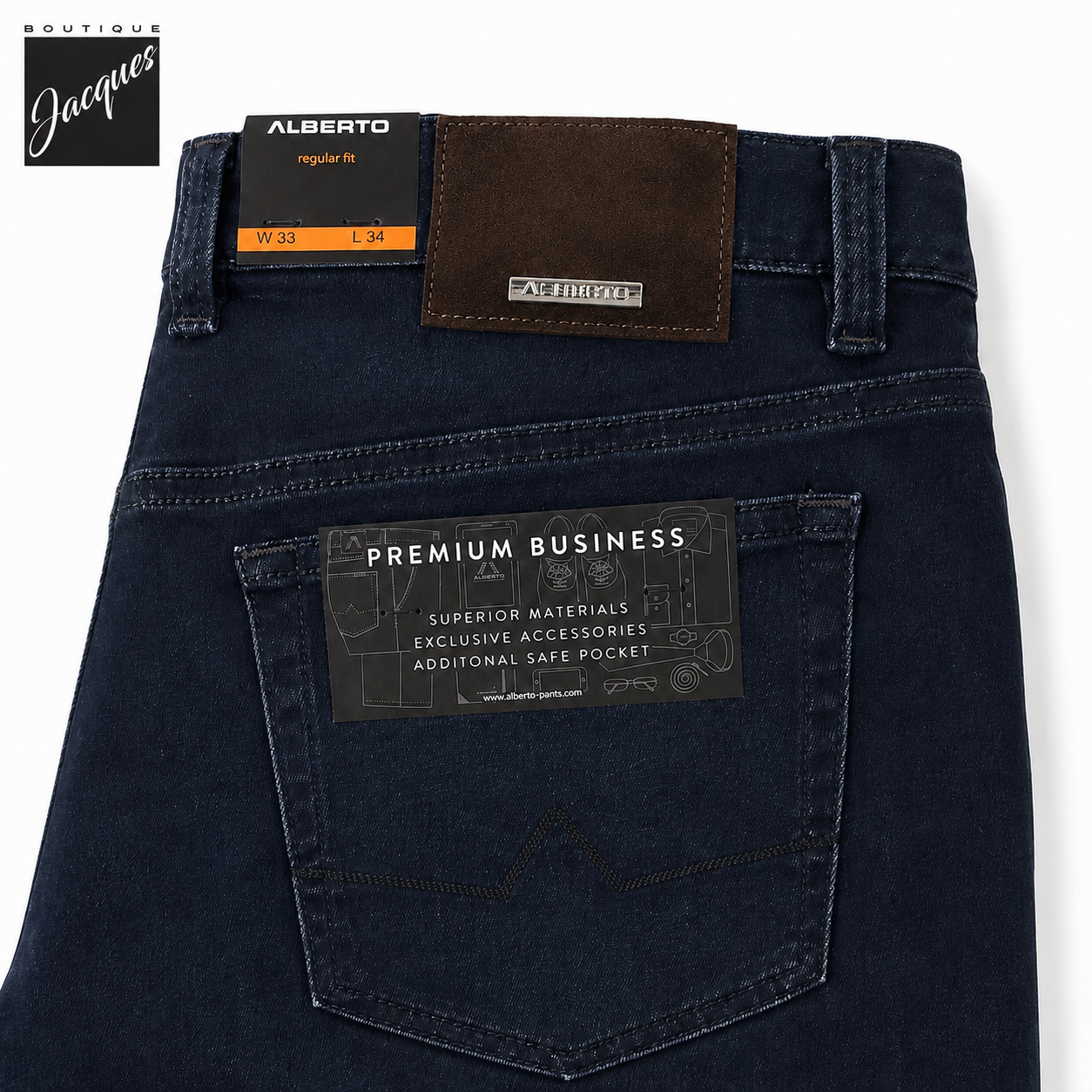 Dark Blue Pipe Regular Fit Premium Business Cotton-Stretch Jeans - ALBERTO