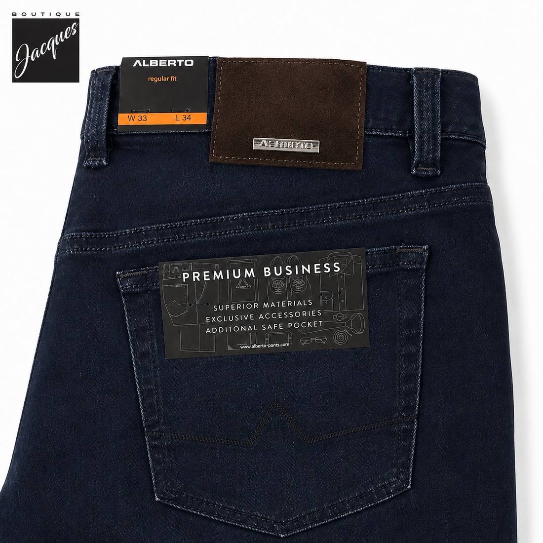 Dark Blue Pipe Regular Fit Premium Business Cotton-Stretch Jeans - ALBERTO