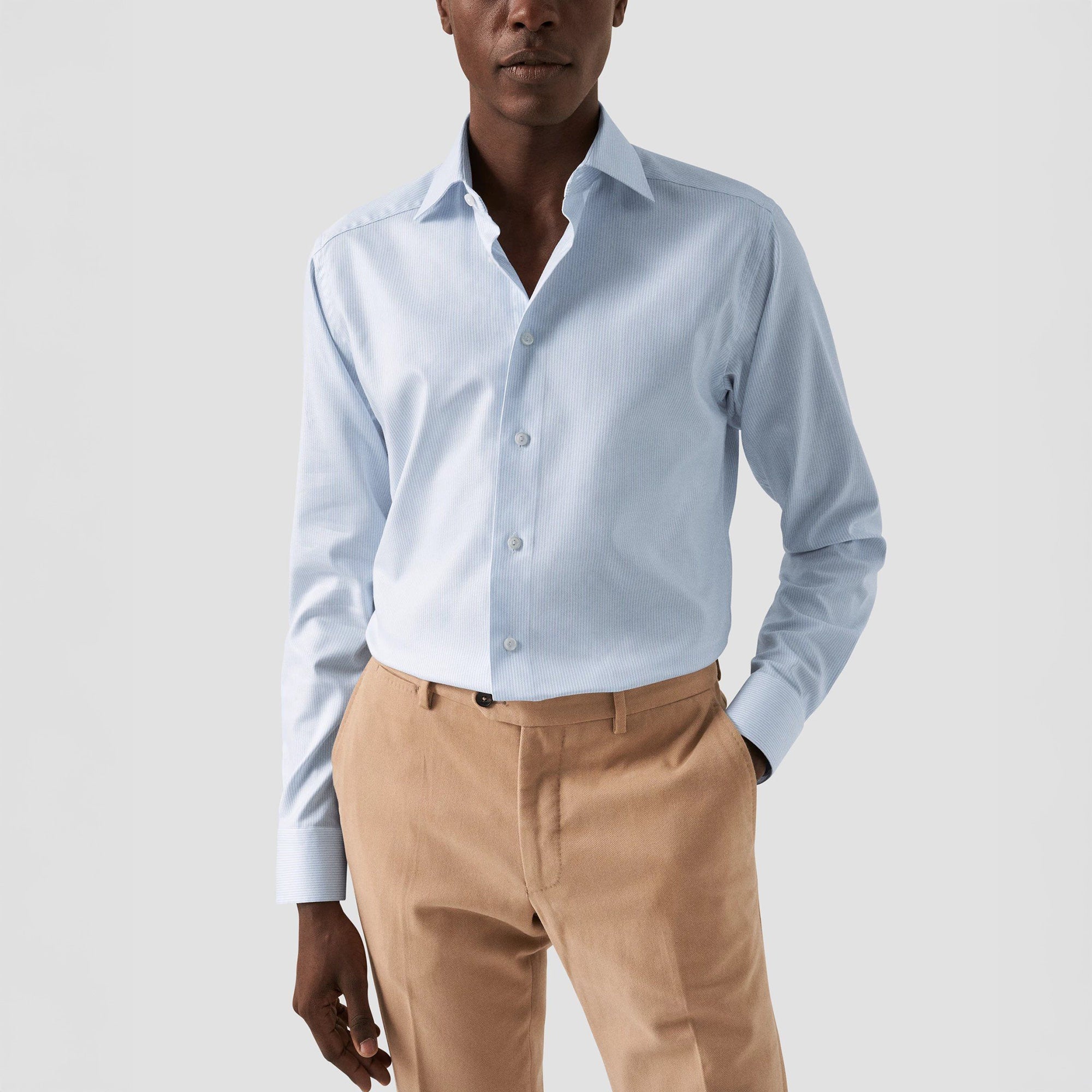 Light Blue Striped Cotton-Tencel Contemporary Fit Shirt - ETON