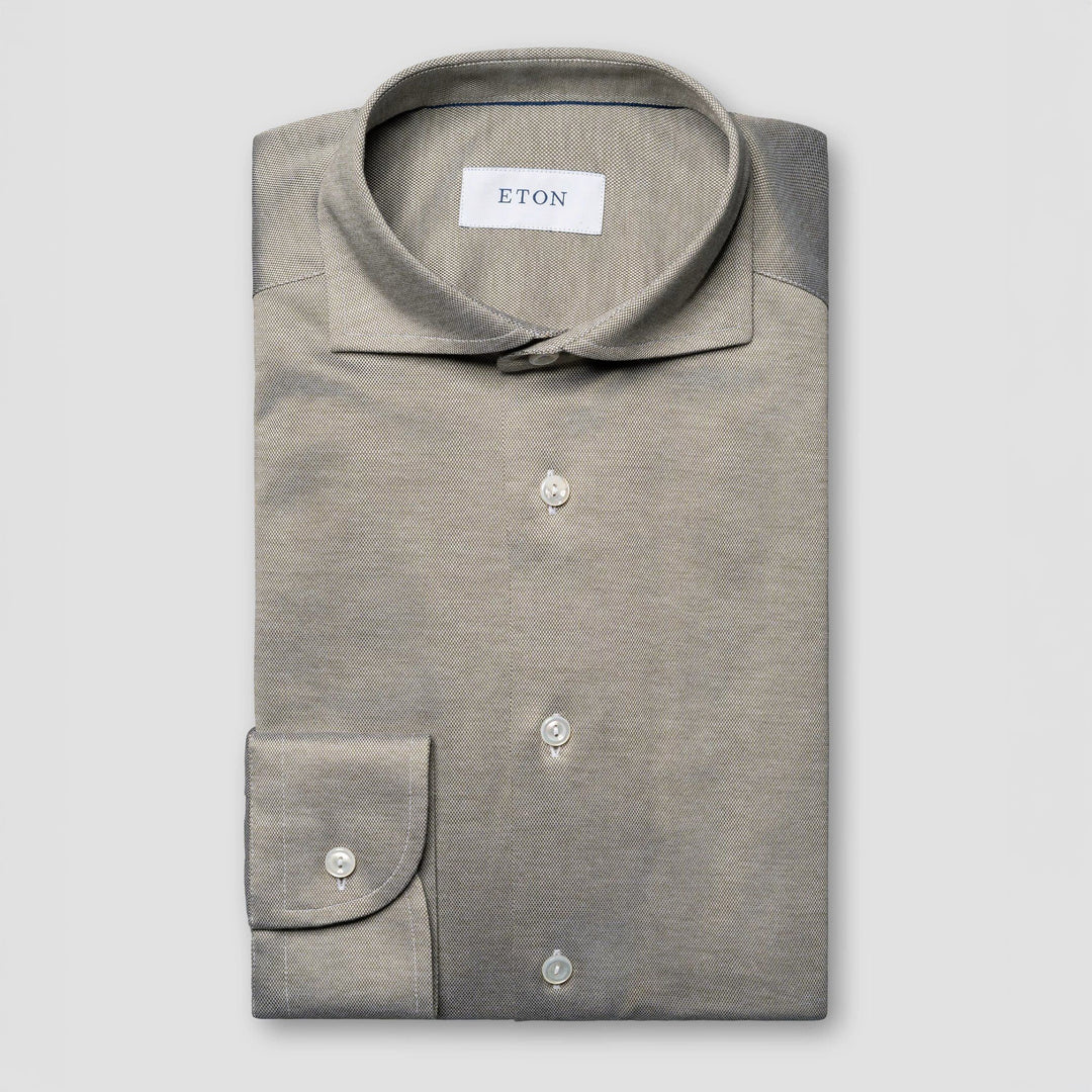 Pale Khaki Green Solid Filo Di Scozia Slim Fit Knitted Piqué Shirt - ETON