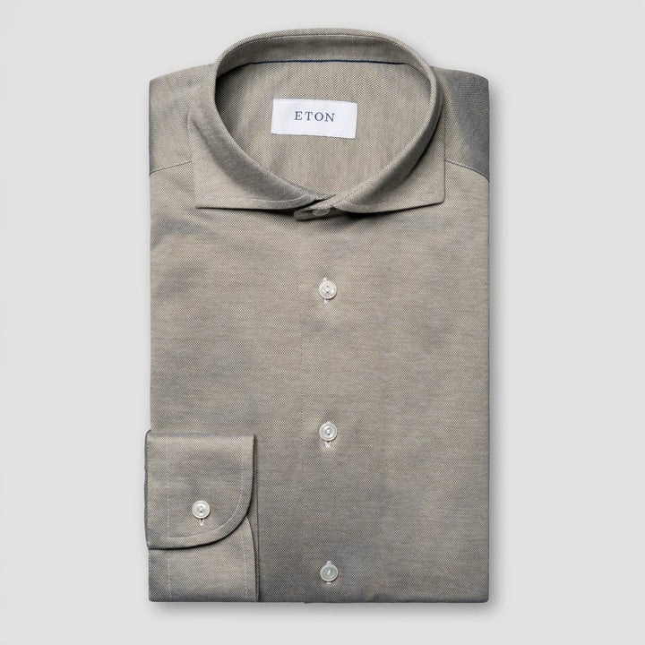Pale Khaki Green Solid Filo Di Scozia Slim Fit Knitted Piqué Shirt - ETON