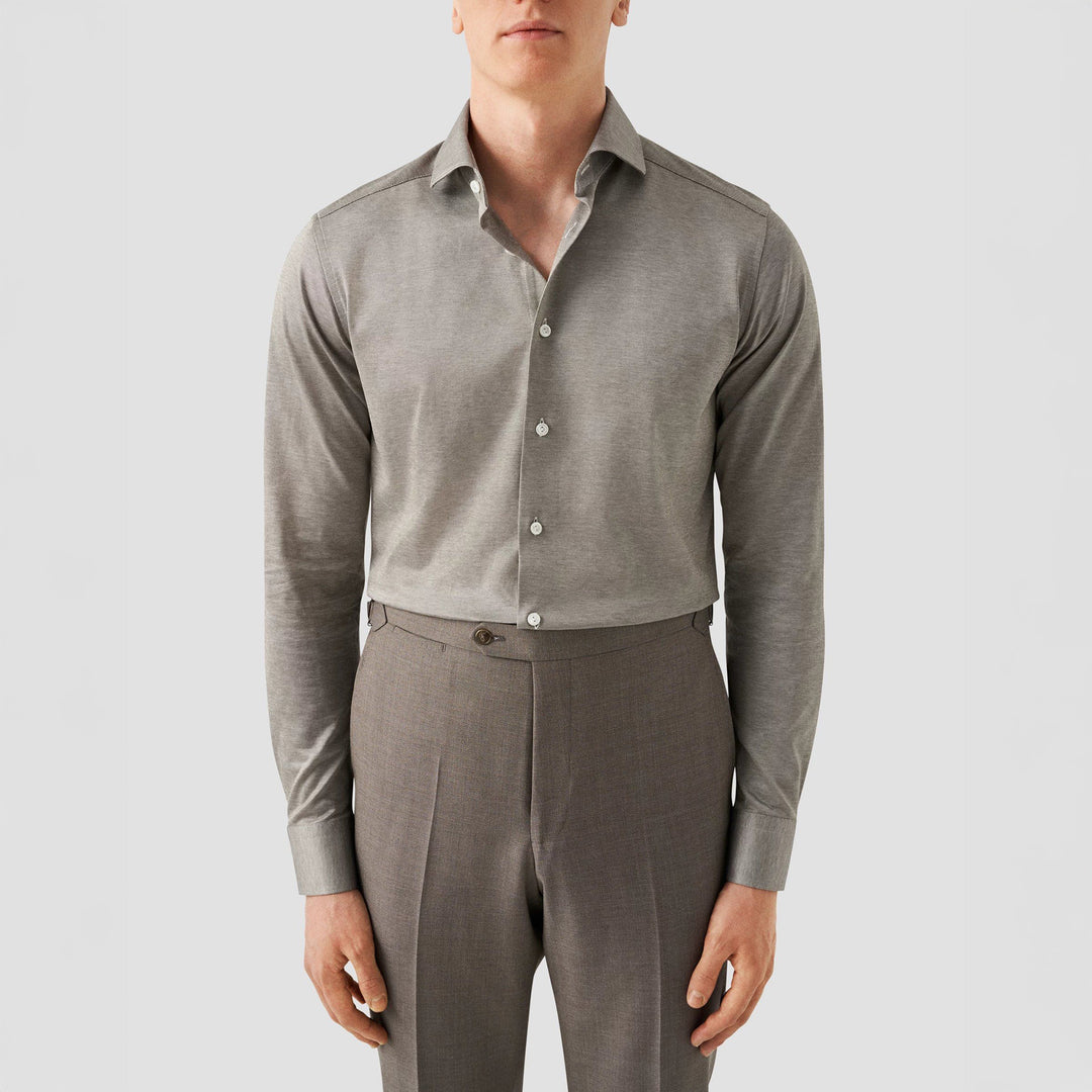 Pale Khaki Green Solid Filo Di Scozia Slim Fit Knitted Piqué Shirt - ETON