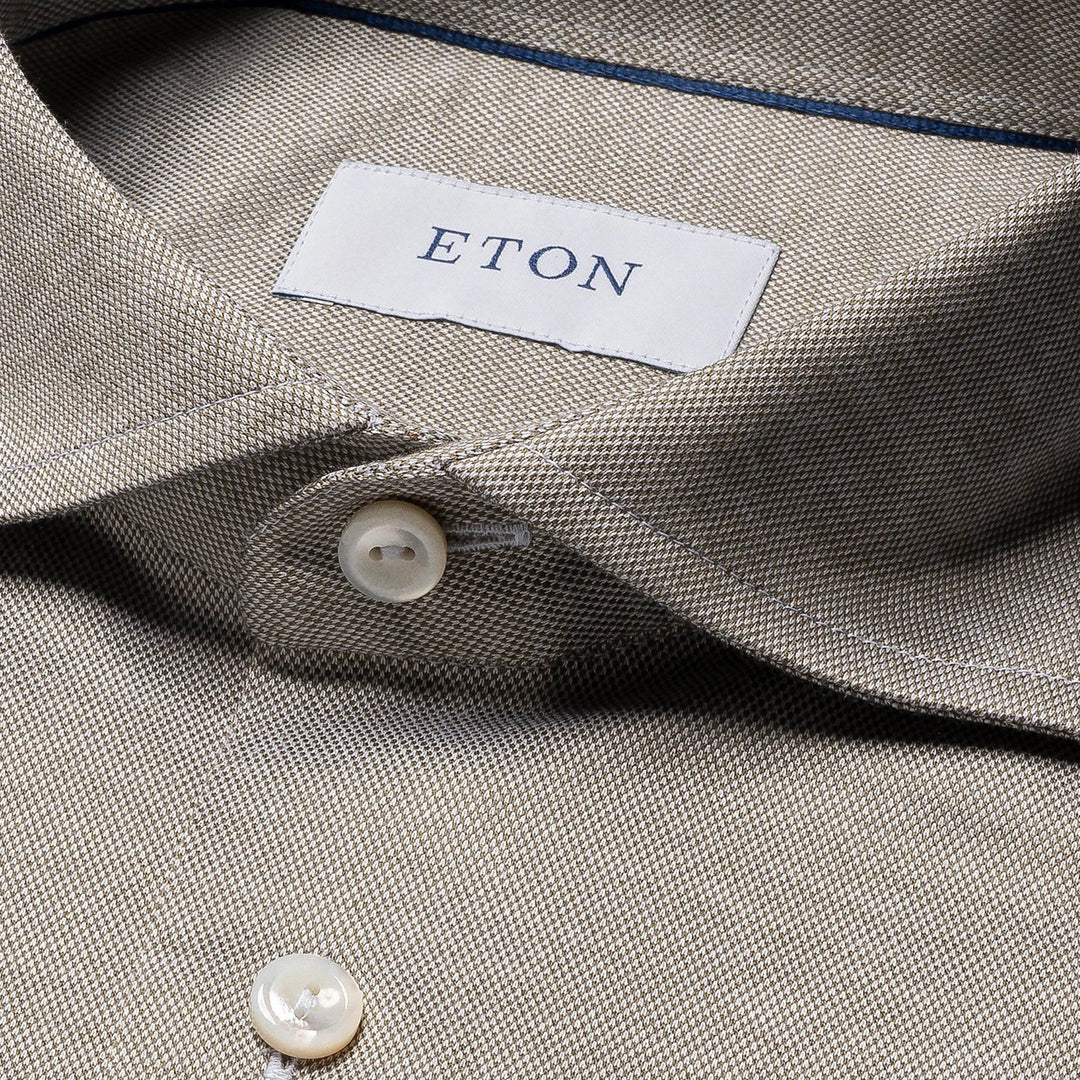 Pale Khaki Green Solid Filo Di Scozia Slim Fit Knitted Piqué Shirt - ETON
