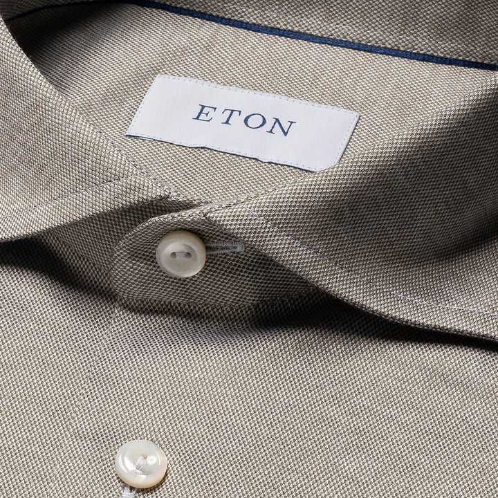 Pale Khaki Green Solid Filo Di Scozia Slim Fit Knitted Piqué Shirt - ETON