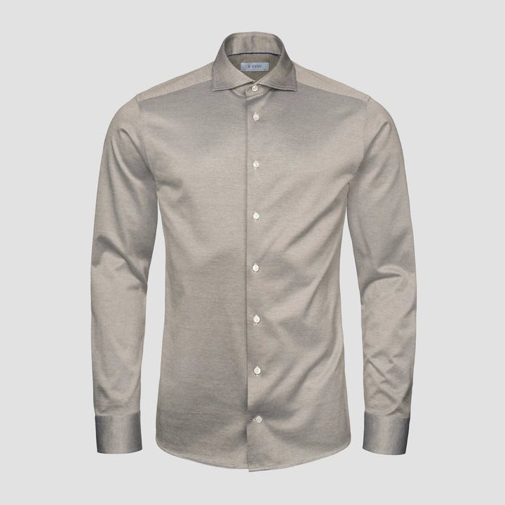Pale Khaki Green Solid Filo Di Scozia Slim Fit Knitted Piqué Shirt - ETON
