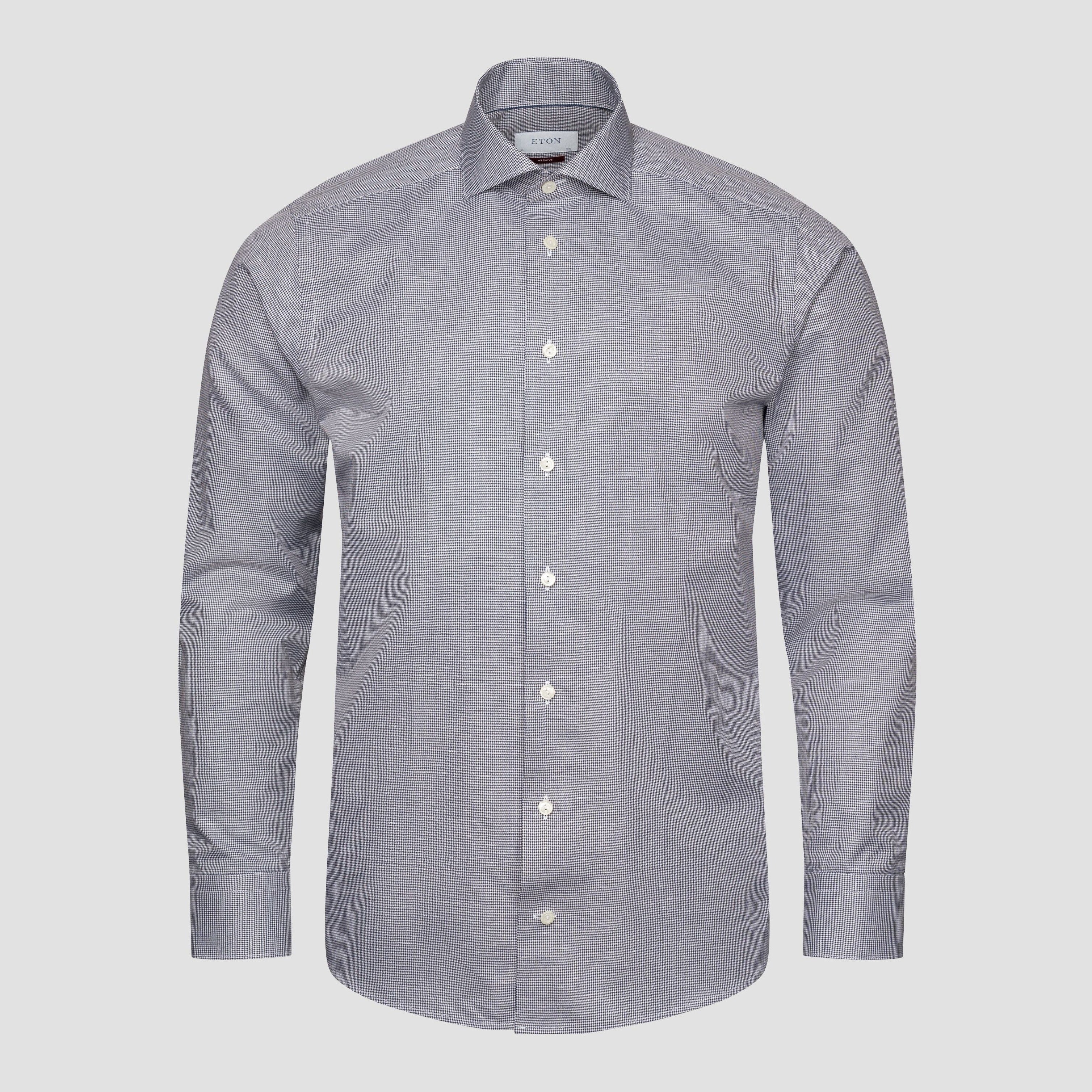 Navy Blue Houndstooth Cotton-Linen Contemporary Fit Shirt - ETON
