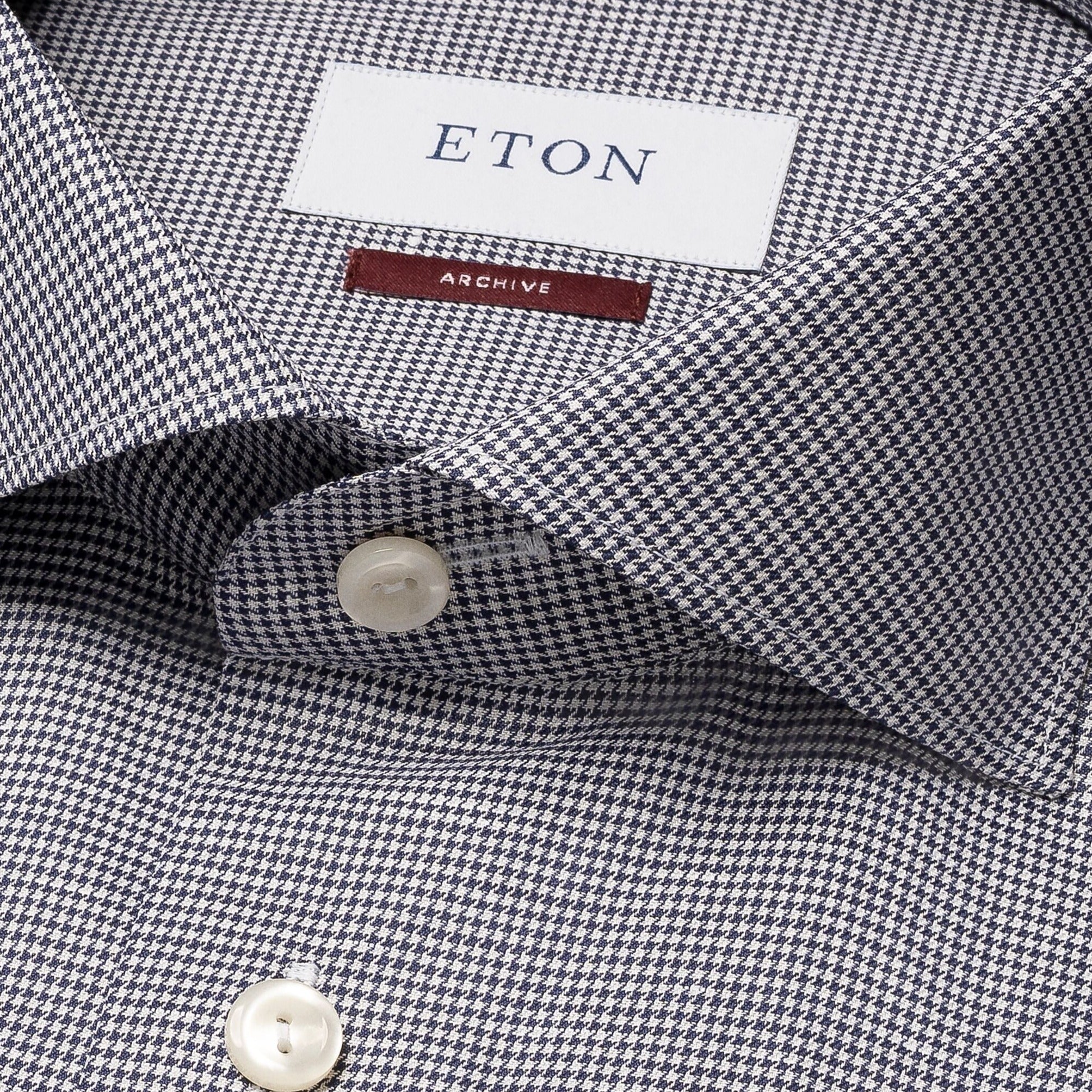 Navy Blue Houndstooth Cotton-Linen Contemporary Fit Shirt - ETON