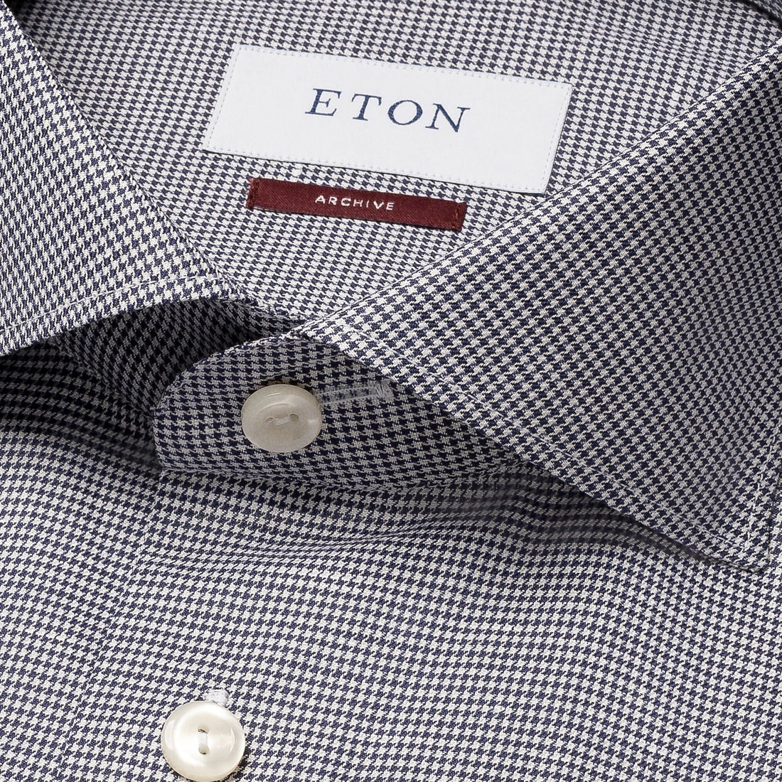 Navy Blue Houndstooth Cotton-Linen Contemporary Fit Shirt - ETON