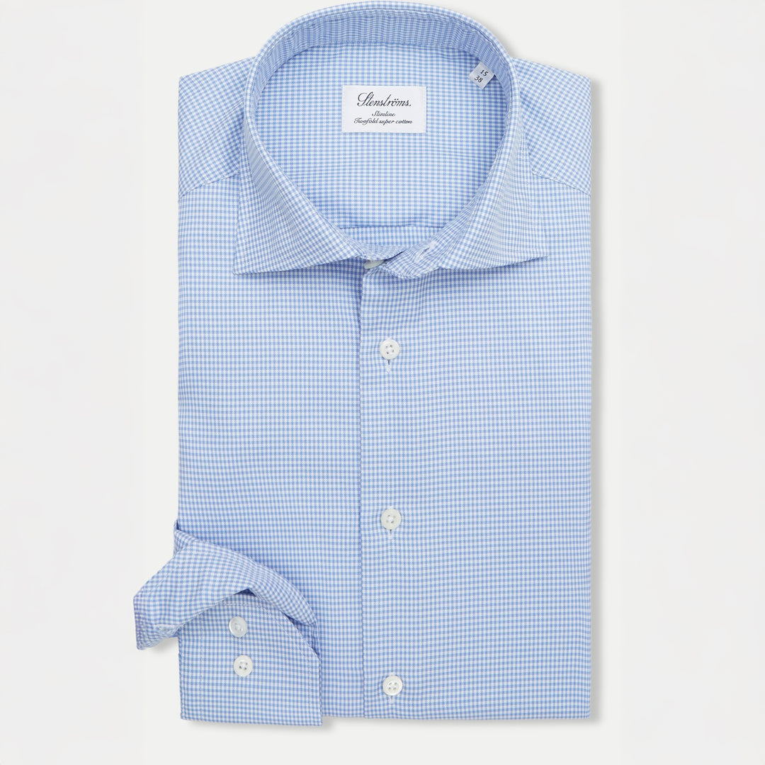 Blue Micro-Check Twill Slimline Shirt - Stenströms
