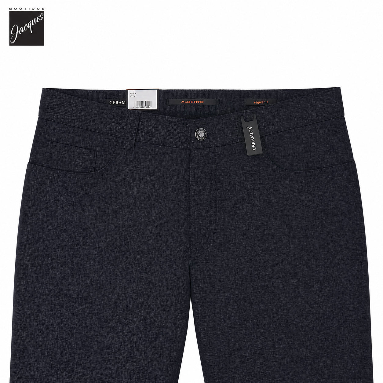 Navy Two-Tone Ceramica Pipe Regular Fit Five Pocket Pants - ALBERTO - Boutique Jacques International