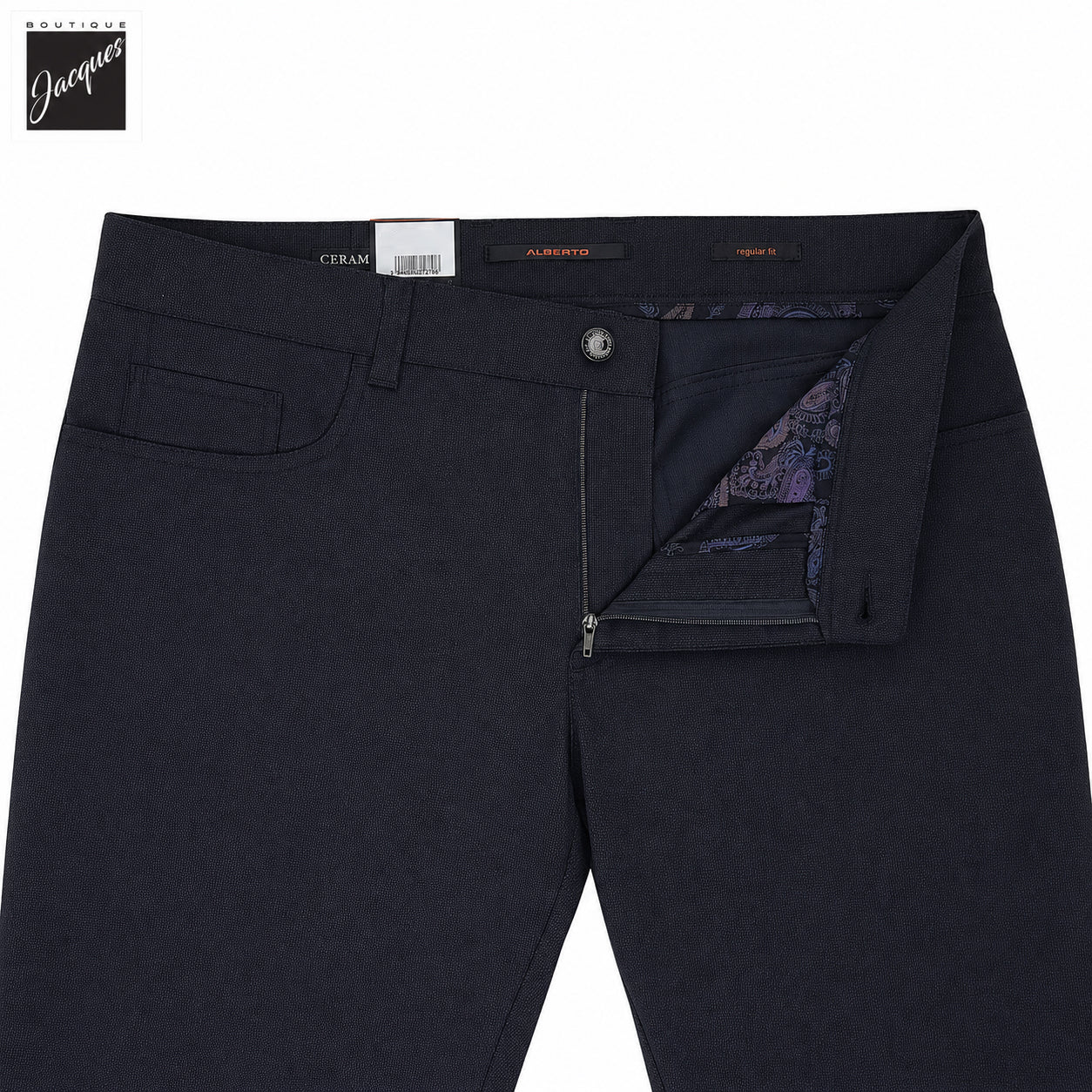 Navy Two-Tone Ceramica Pipe Regular Fit Five Pocket Pants - ALBERTO - Boutique Jacques International