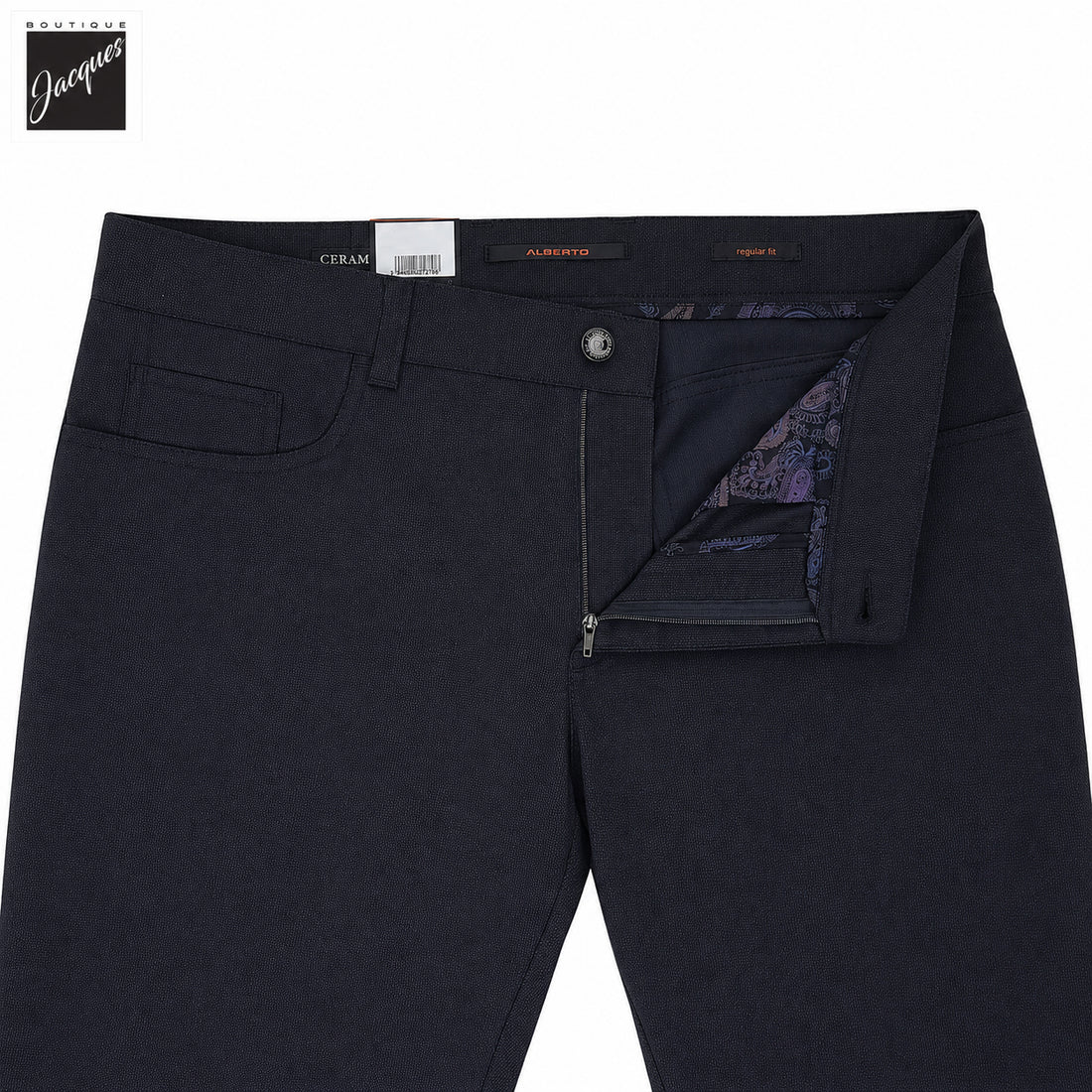 Navy Two-Tone Ceramica Pipe Regular Fit Five Pocket Pants - ALBERTO - Boutique Jacques International