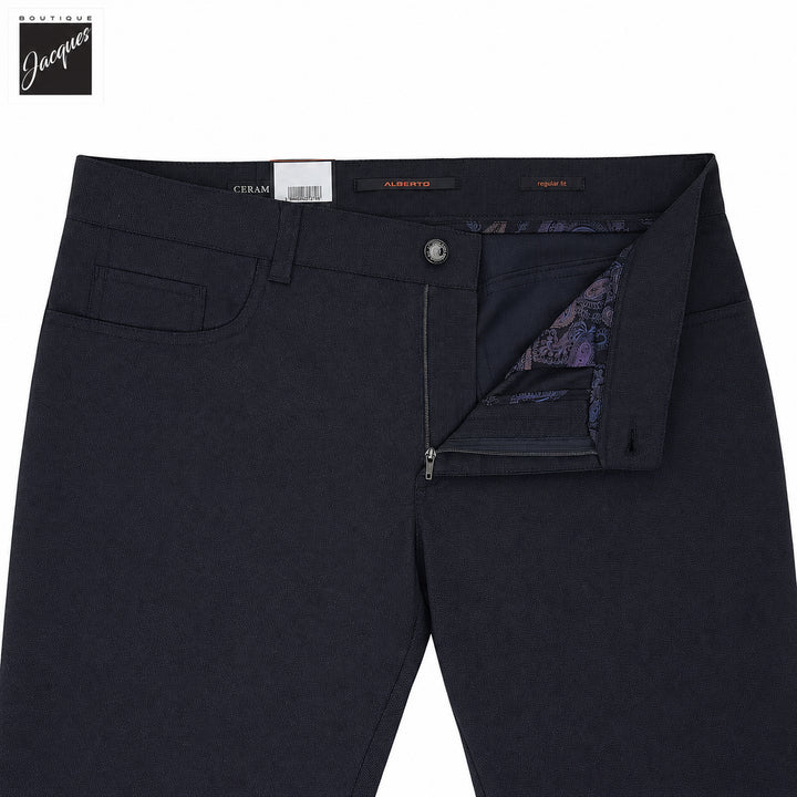 Navy Two-Tone Ceramica Pipe Regular Fit Five Pocket Pants - ALBERTO - Boutique Jacques International