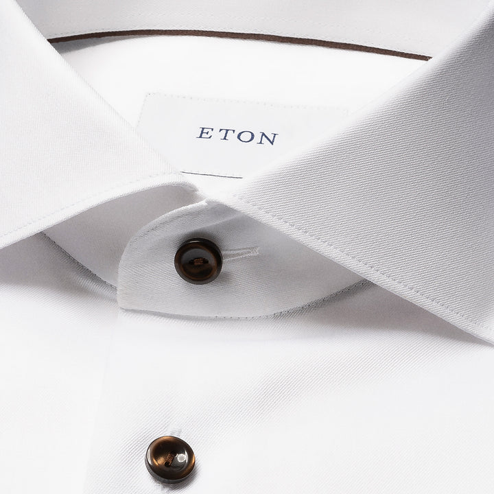 White Solid Signature Twill Slim Fit Shirt w/ Brown Buttons - ETON