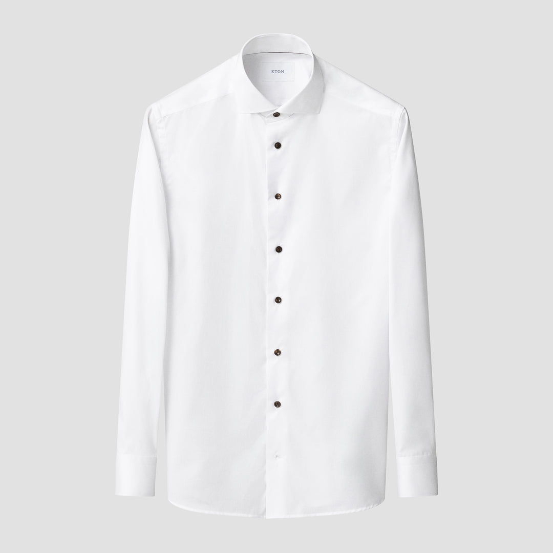 White Solid Signature Twill Slim Fit Shirt w/ Brown Buttons - ETON
