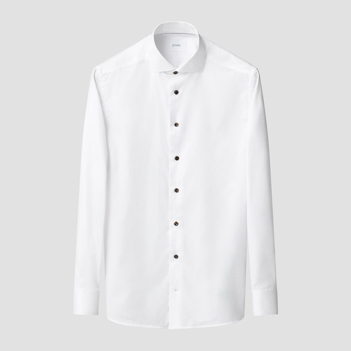White Solid Signature Twill Slim Fit Shirt w/ Brown Buttons - ETON