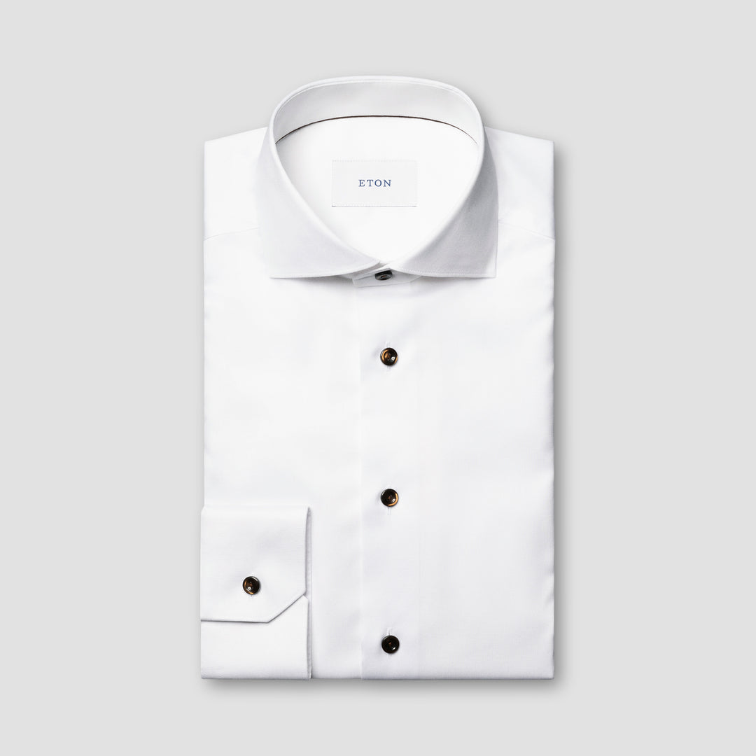 White Solid Signature Twill Slim Fit Shirt w/ Brown Buttons - ETON