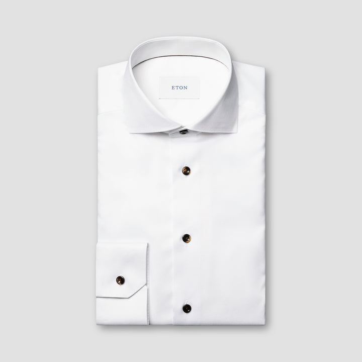 White Solid Signature Twill Slim Fit Shirt w/ Brown Buttons - ETON