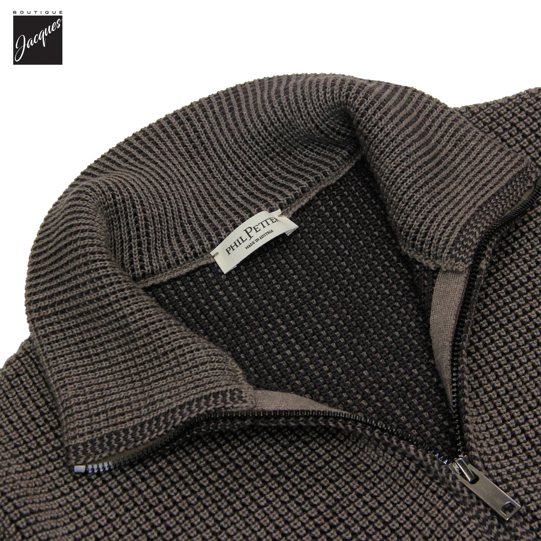 Taupe Merino Wool Double Royal Stitch Full-Zip Sweater - Phil Petter