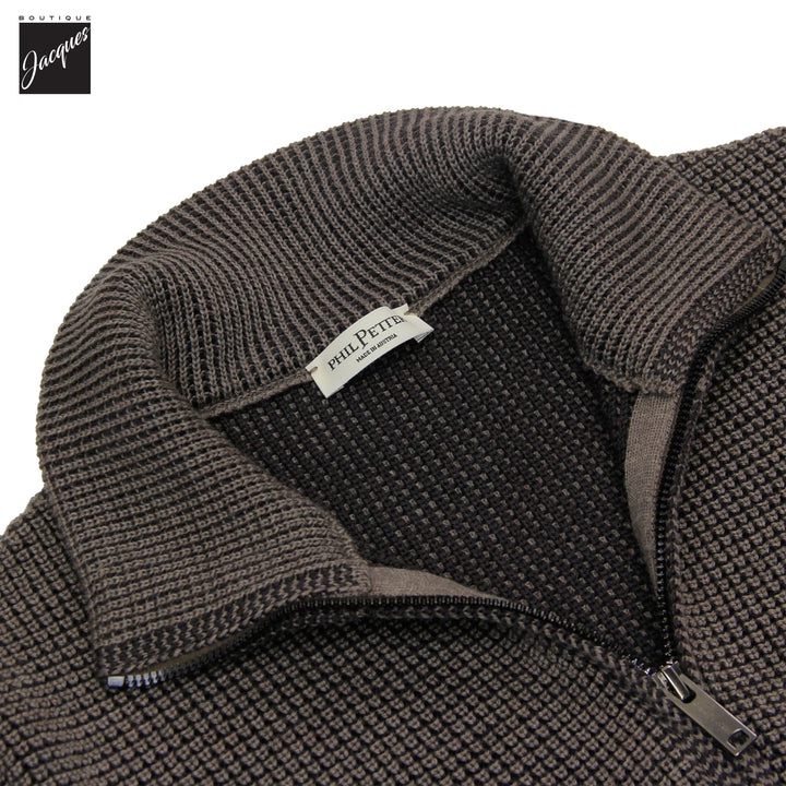 Taupe Merino Wool Double Royal Stitch Full-Zip Sweater - Phil Petter