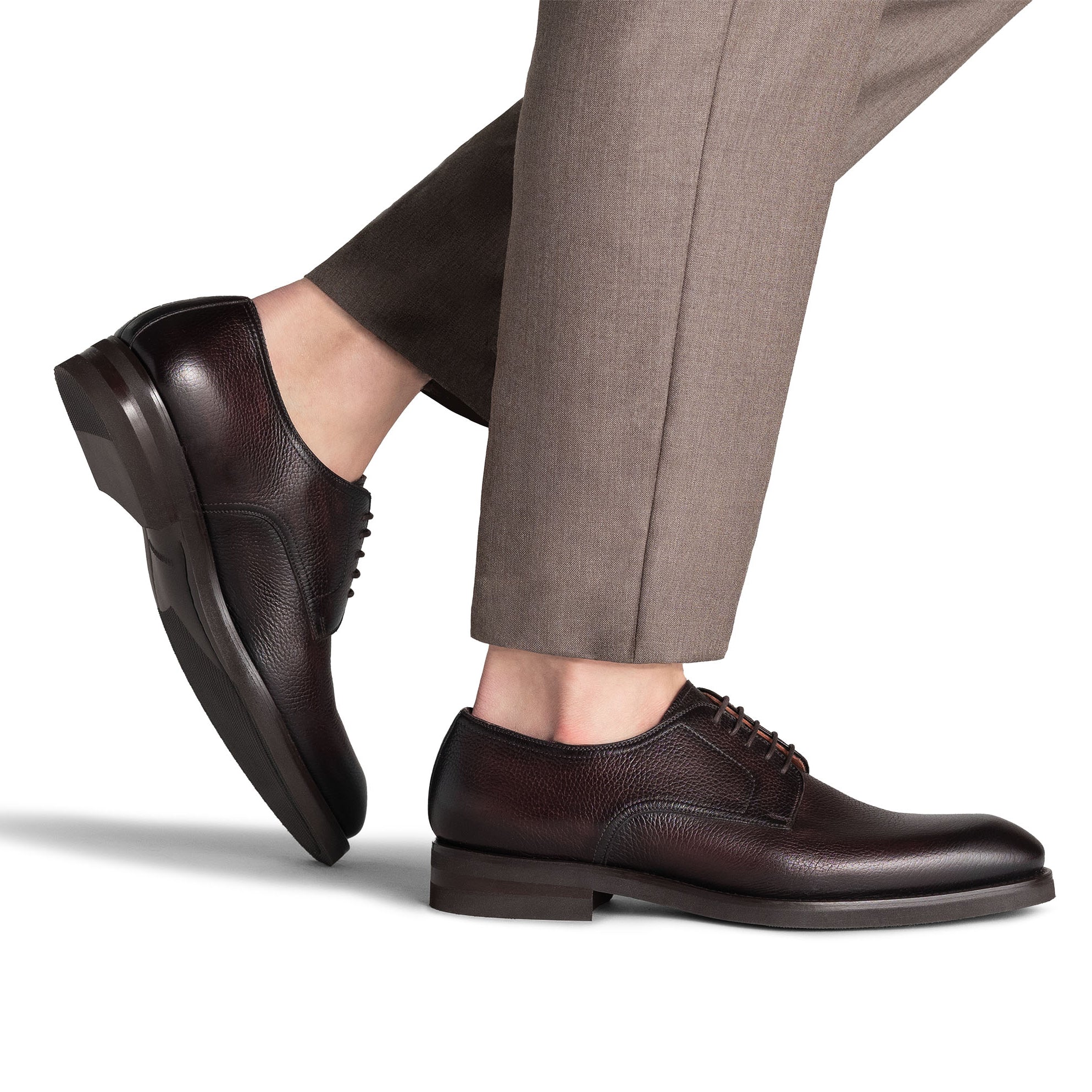 Brown Melich V Tumbled Leather Plain Toe Derby Shoes - Magnanni