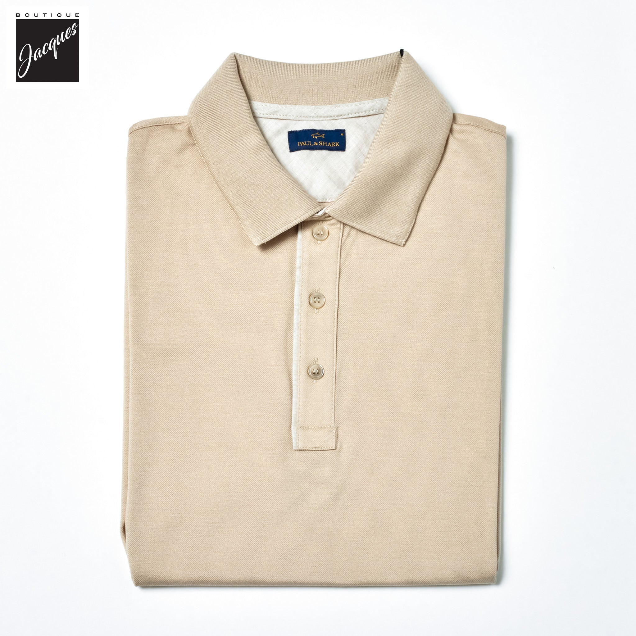 Beige Shark Tag Piqué Cotton Polo with Linen Trims - Paul & Shark