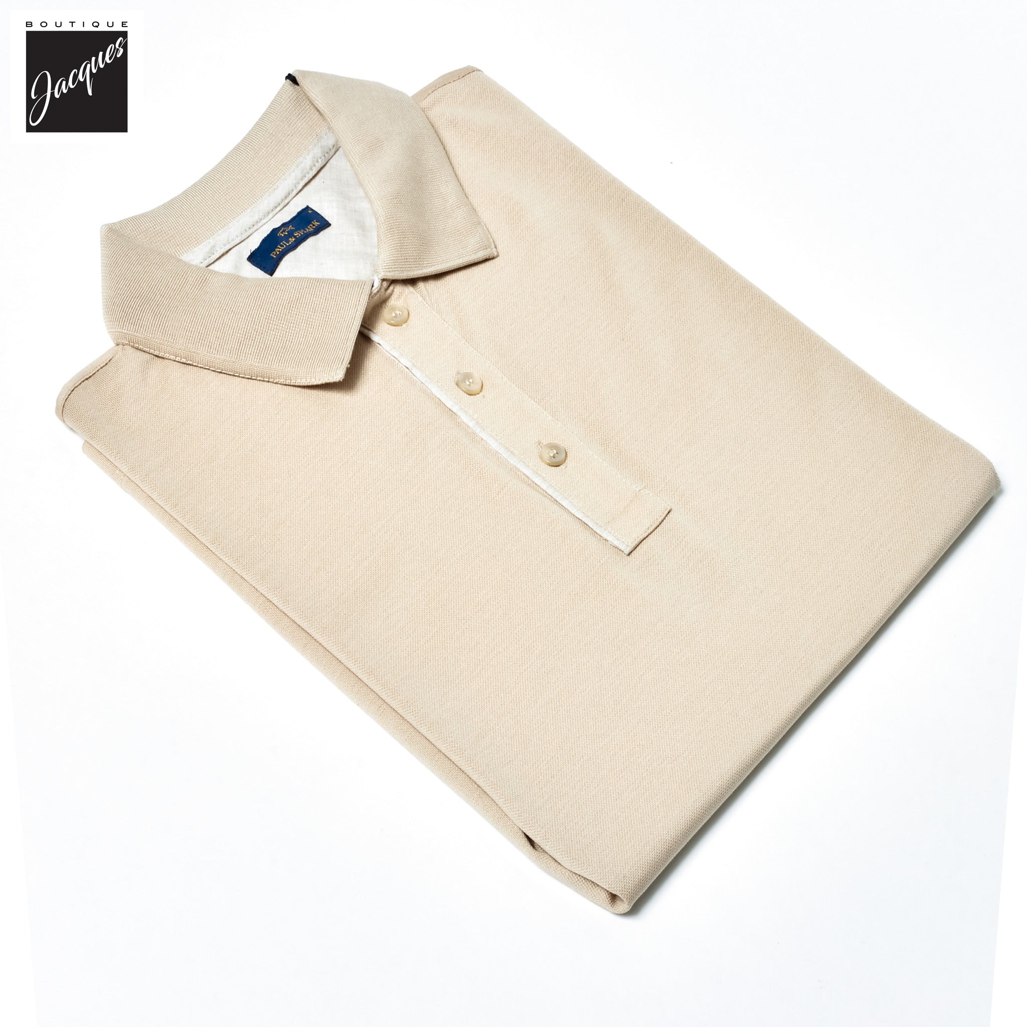 Beige Shark Tag Piqué Cotton Polo with Linen Trims - Paul & Shark