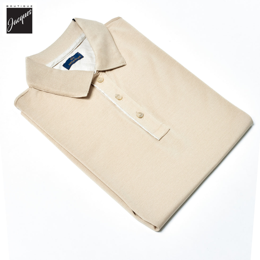 Beige Shark Tag Piqué Cotton Polo with Linen Trims - Paul & Shark