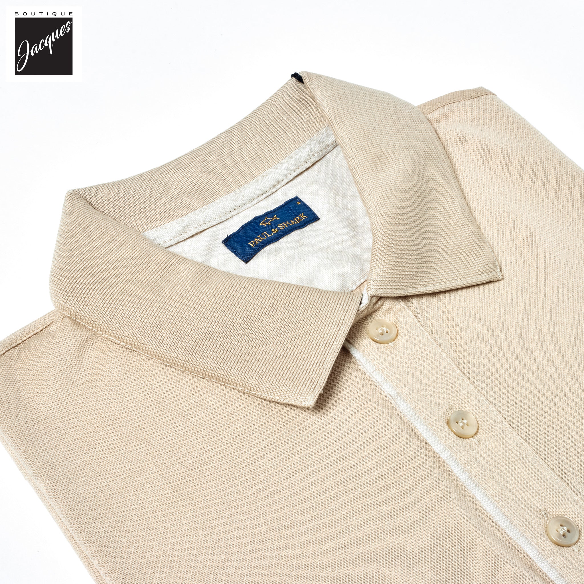 Beige Shark Tag Piqué Cotton Polo with Linen Trims - Paul & Shark
