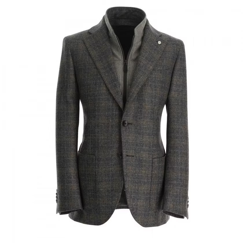 Gray/Caramel Checked Wool Hybrid Jacket W/ Bib - Luigi Bianchi Mantova