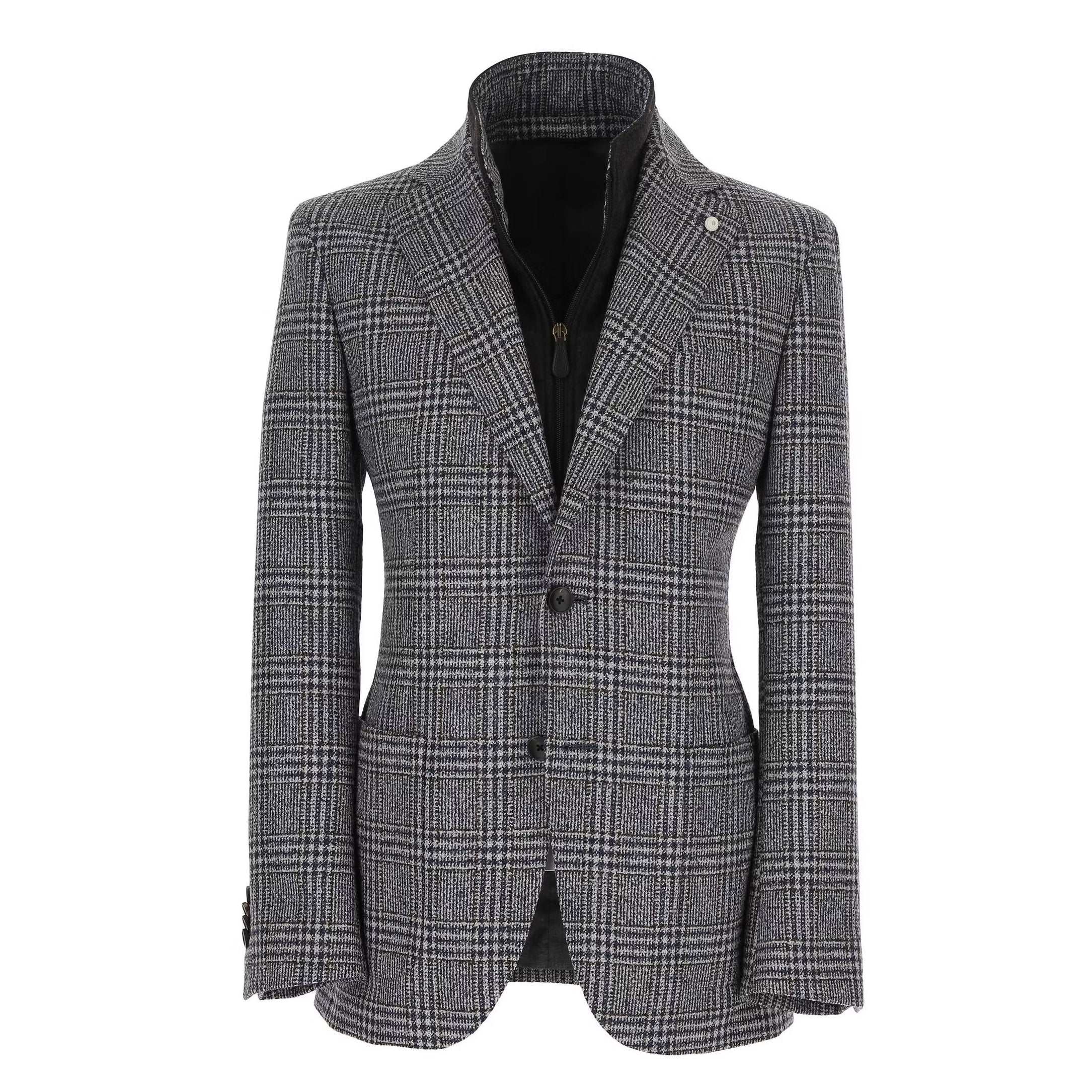 Blue & Brown Prince-of-Wales Wool Hybrid Sport Jacket with Bib - Luigi Bianchi