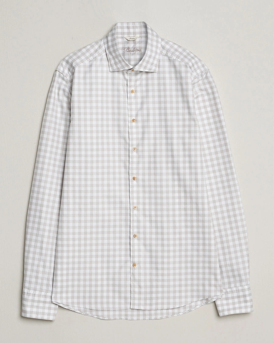 Grey/Beige Gingham Garment Wash Slimline Casual Shirt - Stenströms